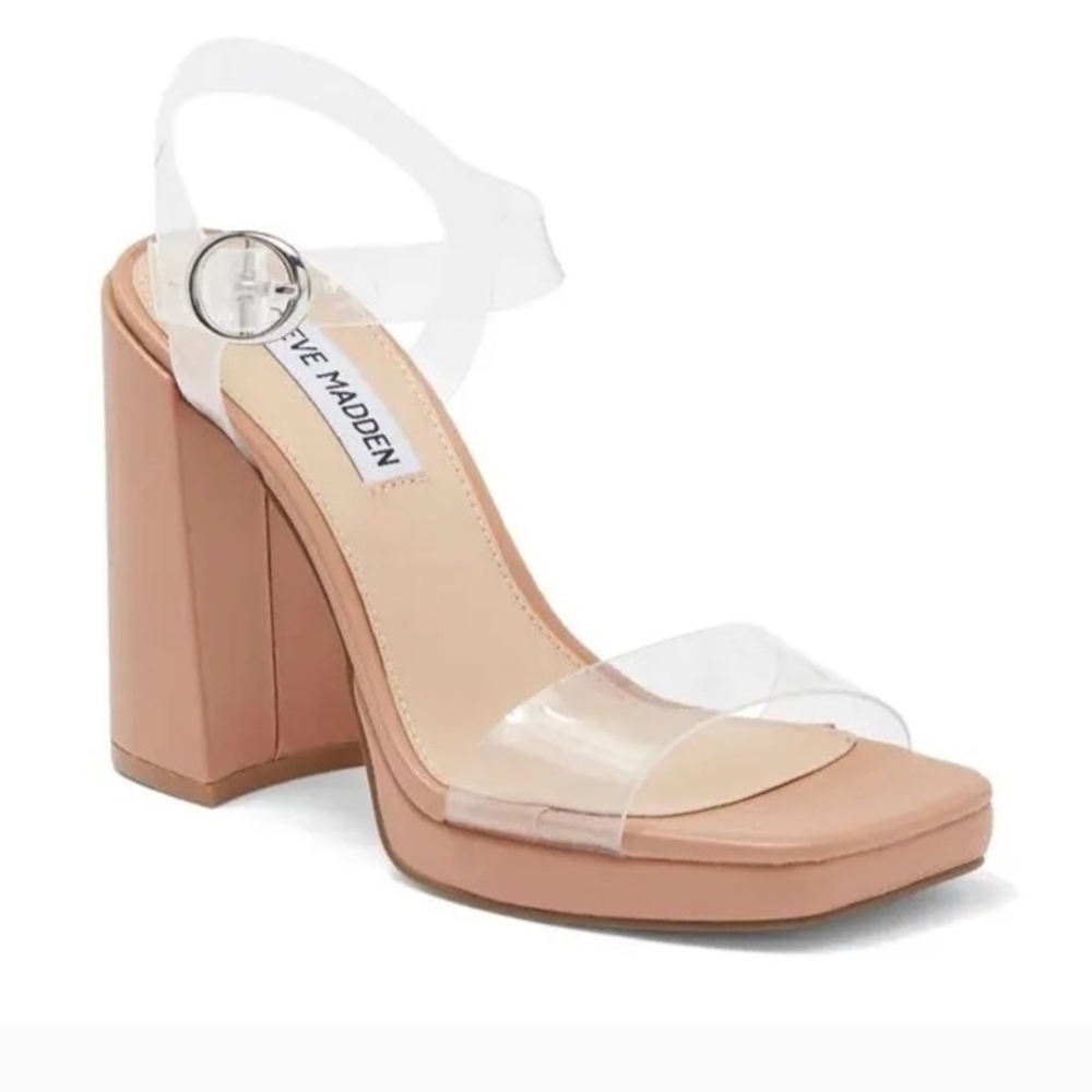 Steve Madden Nude Block Heel Sandals with Clear Strap